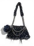 denim crochet bag metal chain