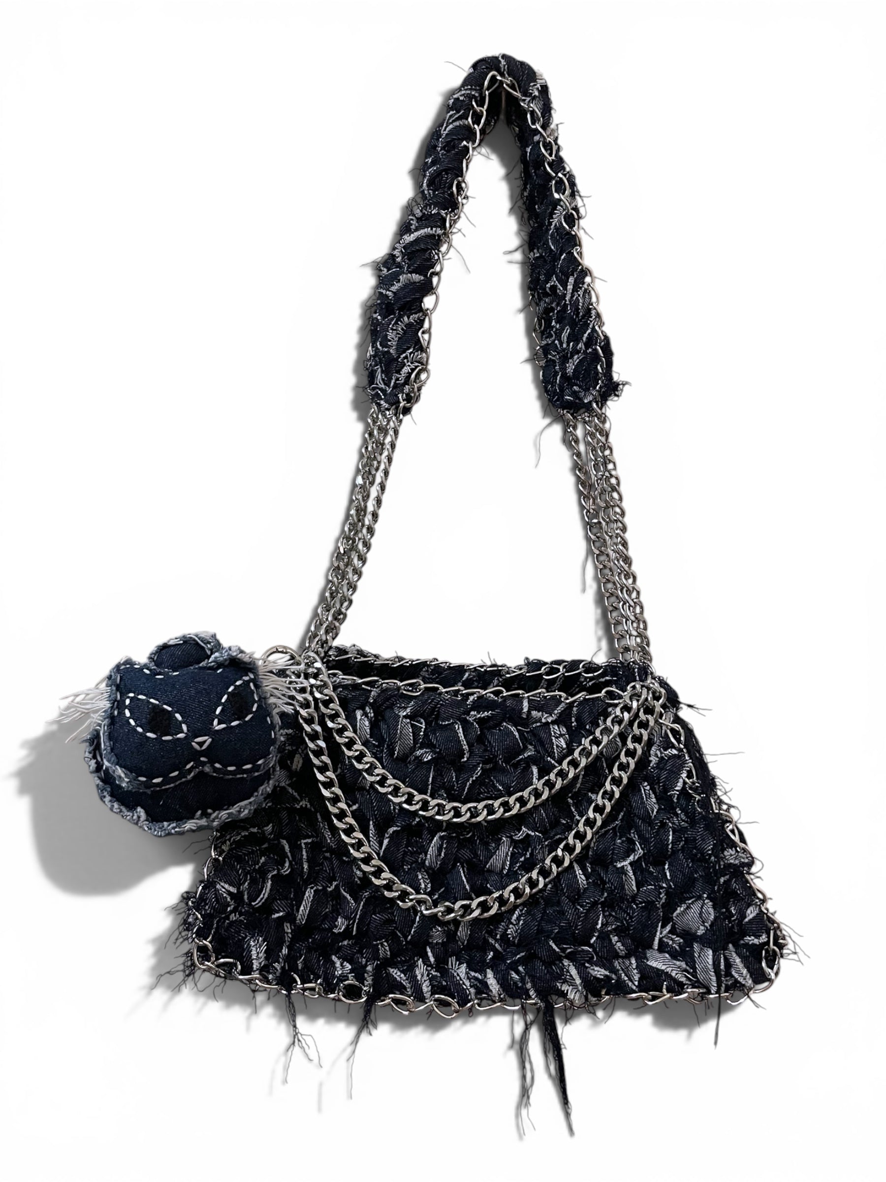 denim crochet bag metal chain